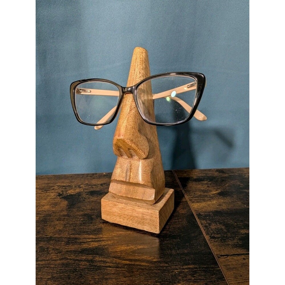 Wooden Carved Nose Eye Glasses Stand Holder 7"